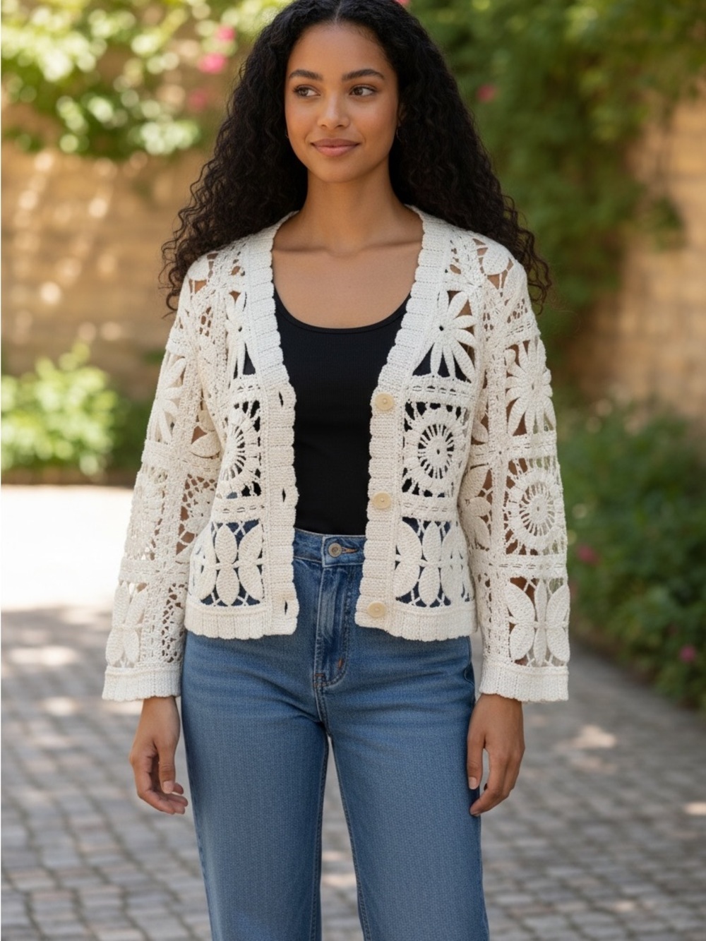 3/$30 ☀️ Mystree Crochet Openwork Cardigan Sweater Cream